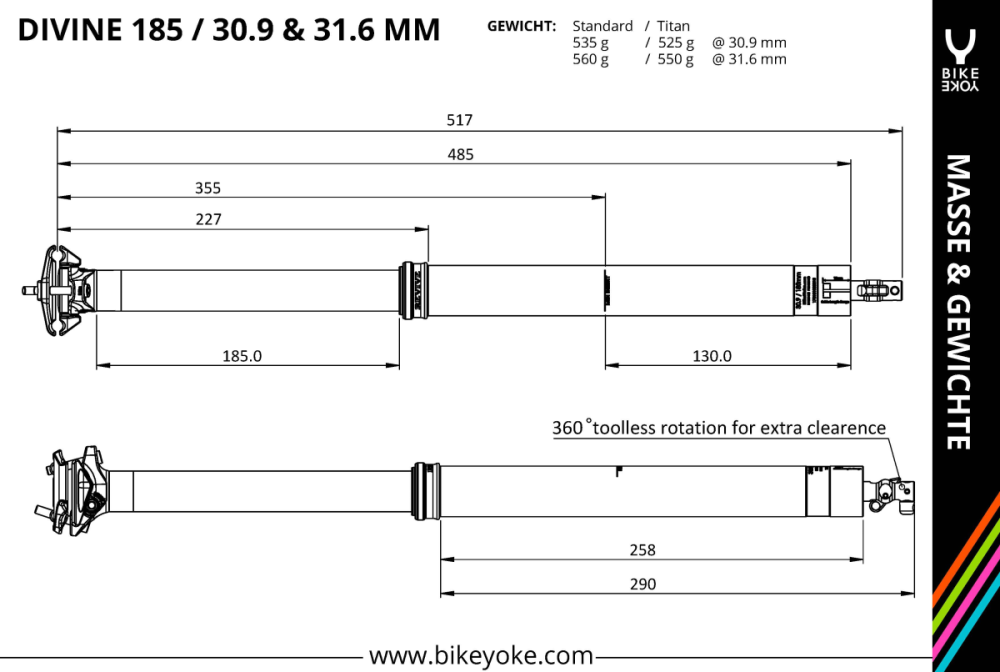 BikeYoke Divine Dropper Post, 31.6 mm/185 mm, ohne Hebel.