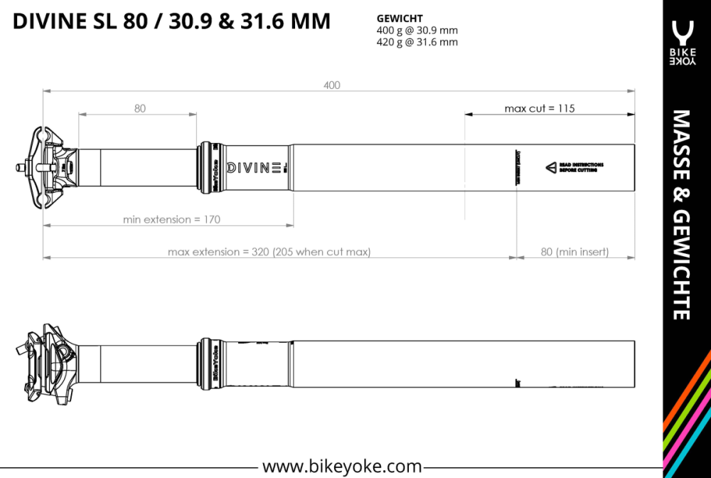 BikeYoke Divine SL Dropper Post, 30.9 mm/80 mm, ohne Hebel.