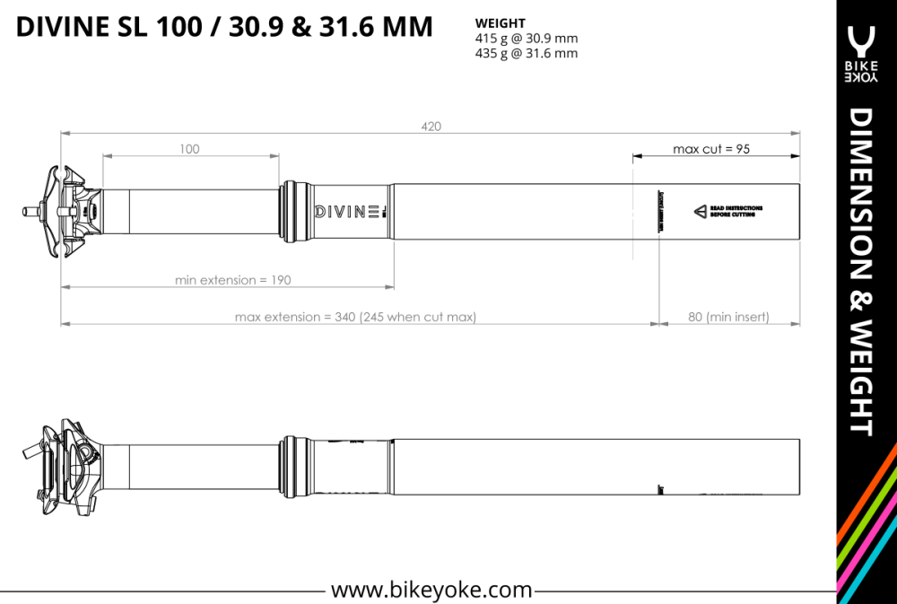 BikeYoke Divine SL Dropper Post, 31.6 mm/100 mm, ohne Hebel.