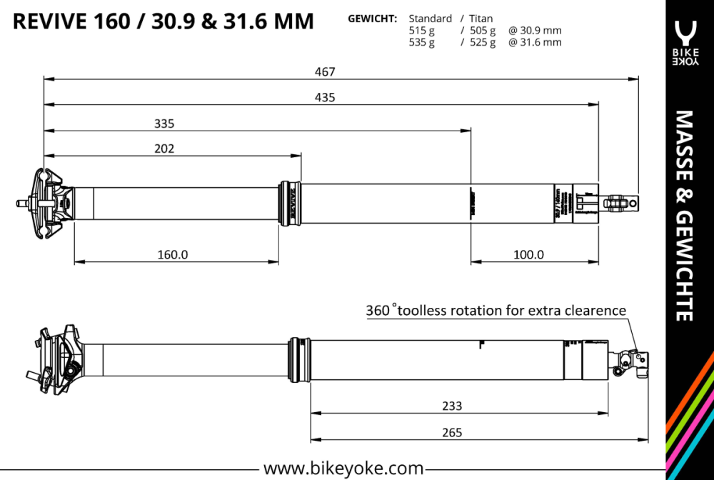 BikeYoke Revive 3.0 Dropper Post, 30.9 mm/160 mm, ohne Hebel.