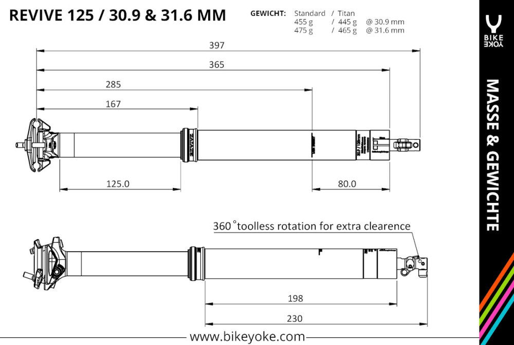 BikeYoke Revive 3.0 Dropper Post, 31.6 mm/125 mm, ohne Hebel.