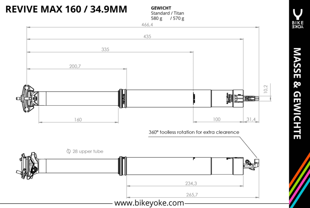 BikeYoke Revive 3.0 Dropper Post, 34.9 mm/160 mm, ohne Hebel.