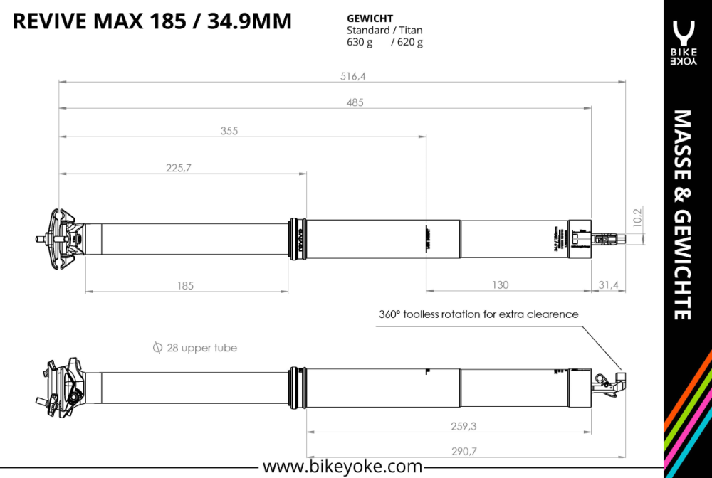 BikeYoke Revive 3.0 Dropper Post, 34.9 mm/185 mm, ohne Hebel.