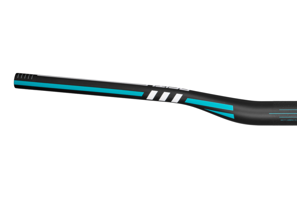 Deity Skywire Carbonlenker, 800 mm, 25 mm Rise, 35 mm Lenkerklemmung. Carbon / Turquoise.