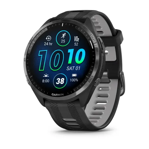 Garmin Forerunner® 965, Schwarz/Carbongrau DLC Titan mit Silikon-Wechselarmband 22 mm Schwarz/Hellgrau